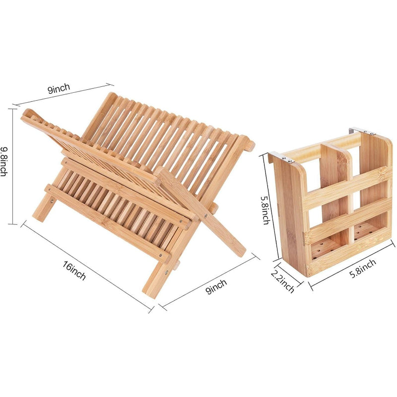 Bamboo Foldable Dish Rack with Utensil Holder