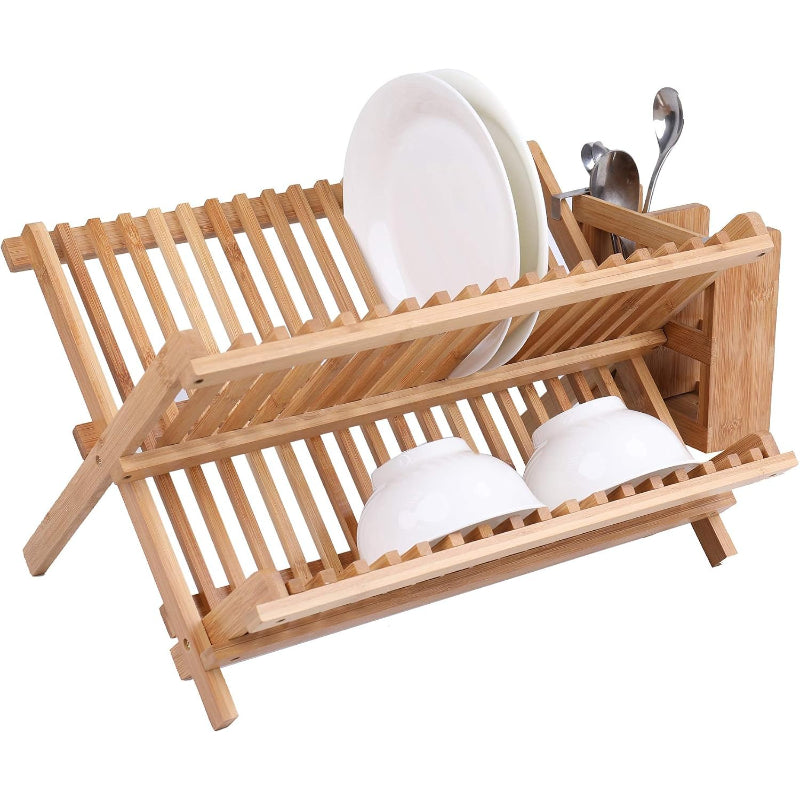 Bamboo Foldable Dish Rack with Utensil Holder