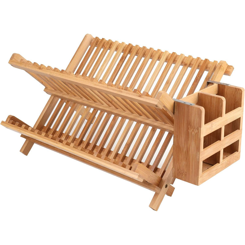 Bamboo Foldable Dish Rack with Utensil Holder