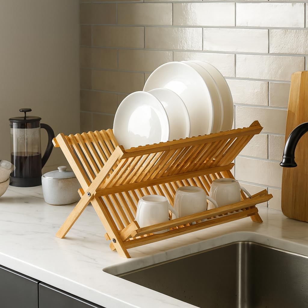 HIC Kitchen Bamboo Folding Dish Drying Rack, 20.5 x 13-Inches