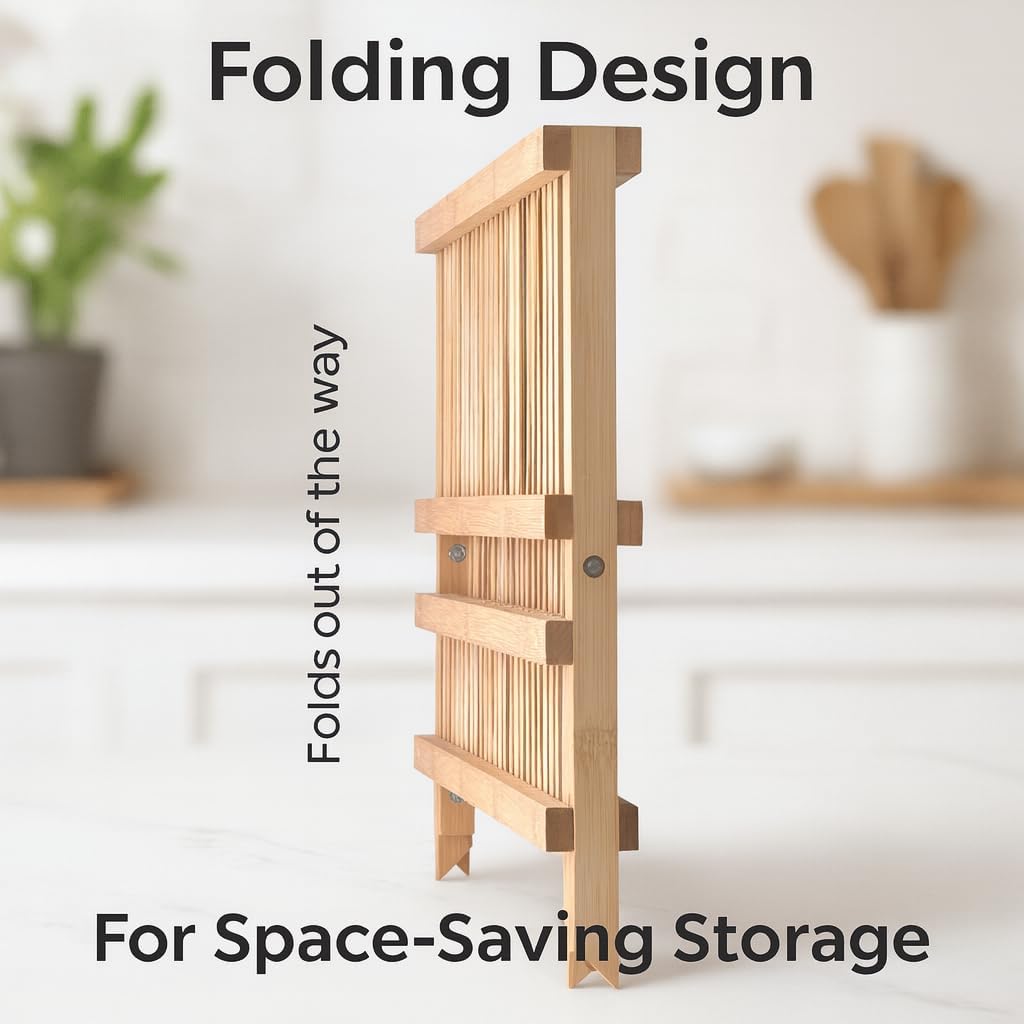 HIC Kitchen Bamboo Folding Dish Drying Rack, 20.5 x 13-Inches
