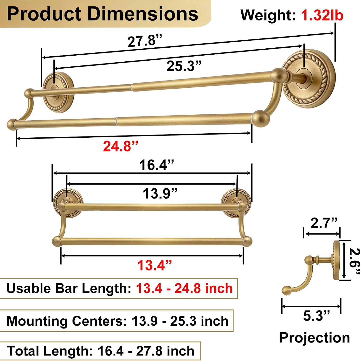 Brass Wall Mounted Gold Double Towel Bar