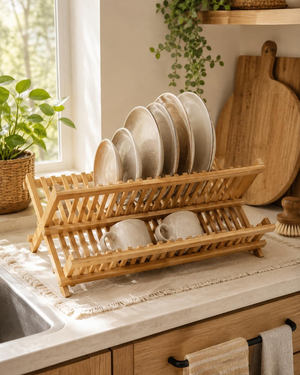 2-Tier XL Bamboo Folding Dish Rack