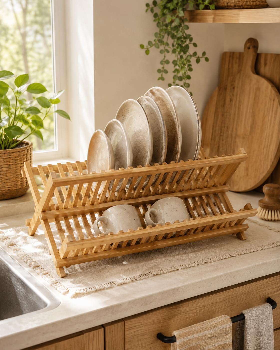 2-Tier XL Bamboo Folding Dish Rack