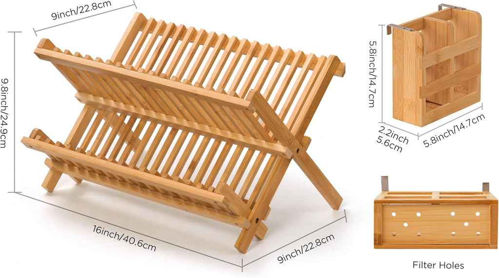 Bamboo 2 Tier Dish Drying Rack with Utensil Holder