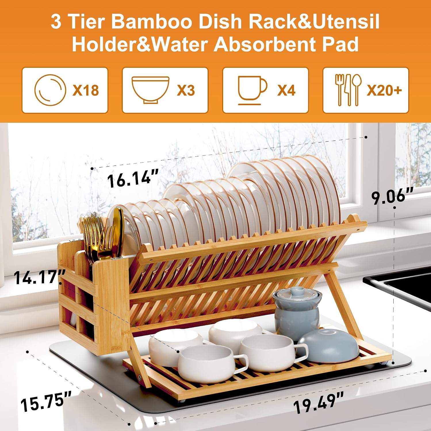 3-Tier Bamboo Dish Rack