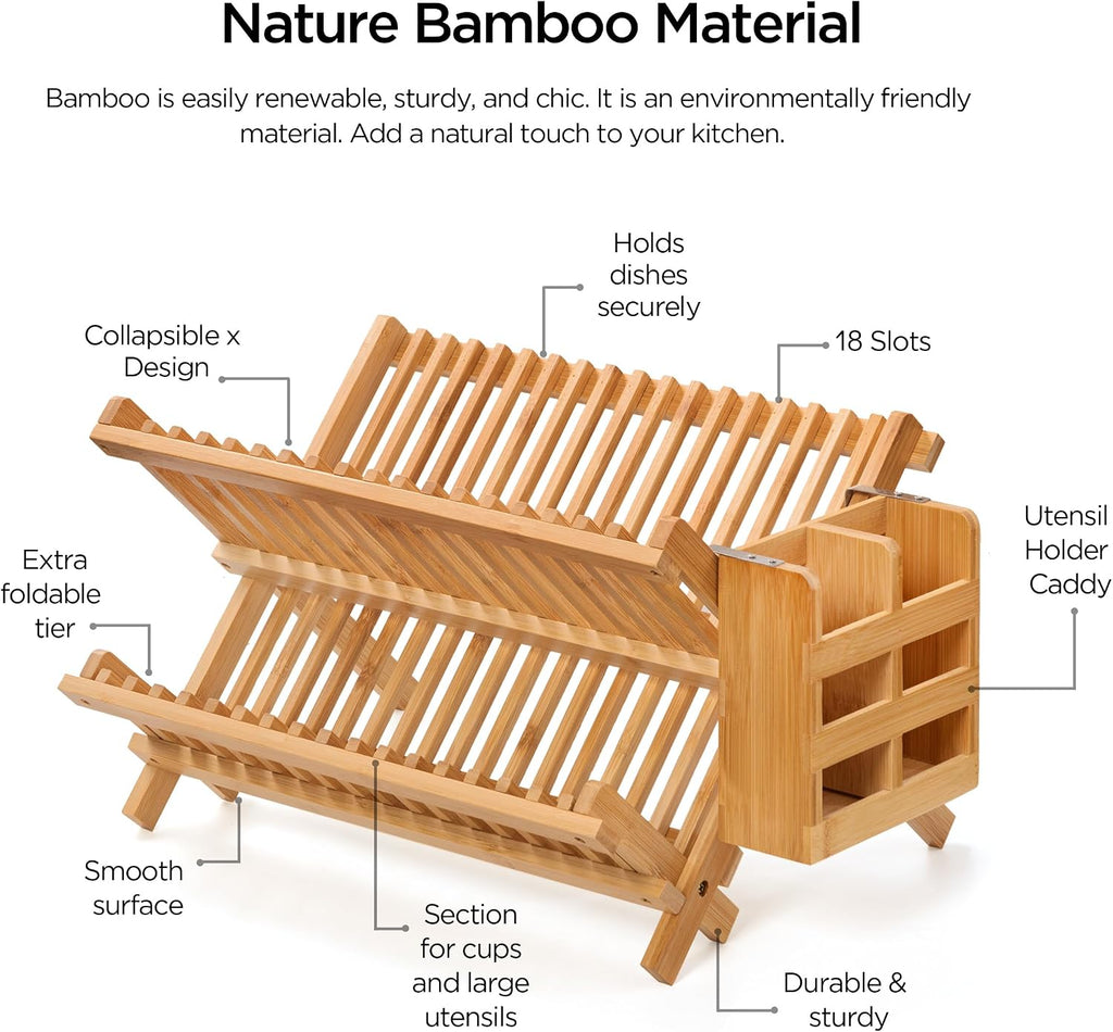 Bamboo 2 Tier Dish Drying Rack with Utensil Holder