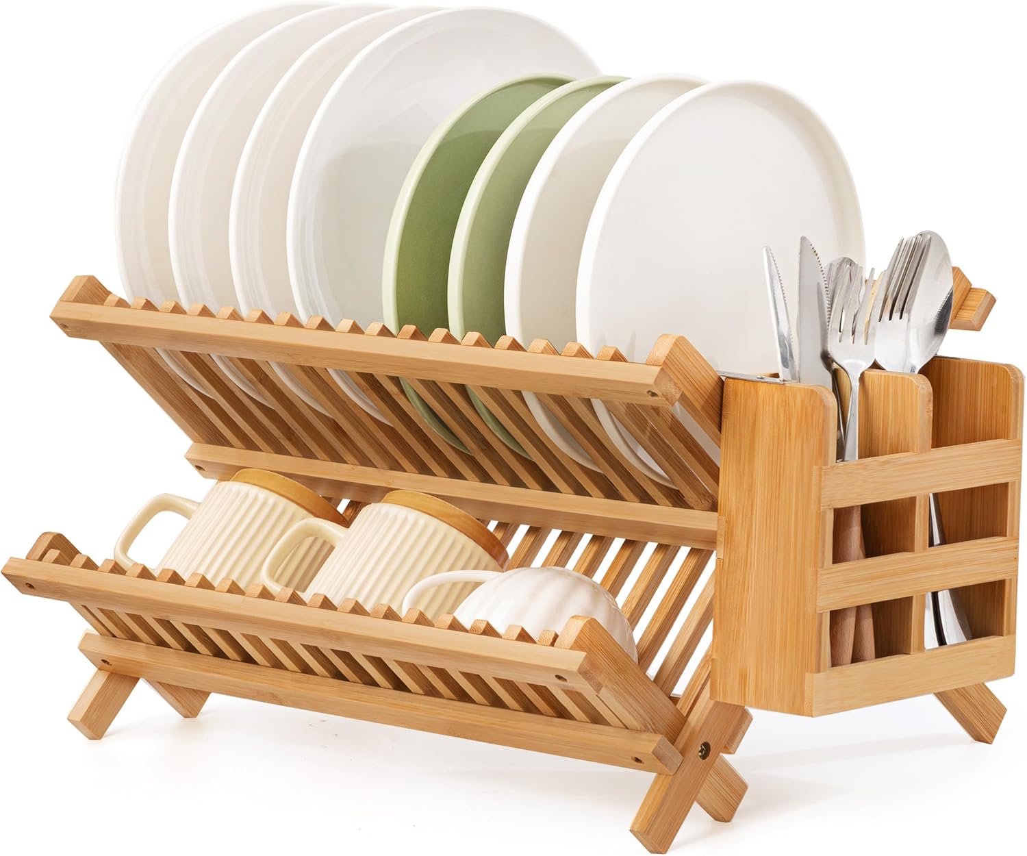Bamboo 2 Tier Dish Drying Rack with Utensil Holder
