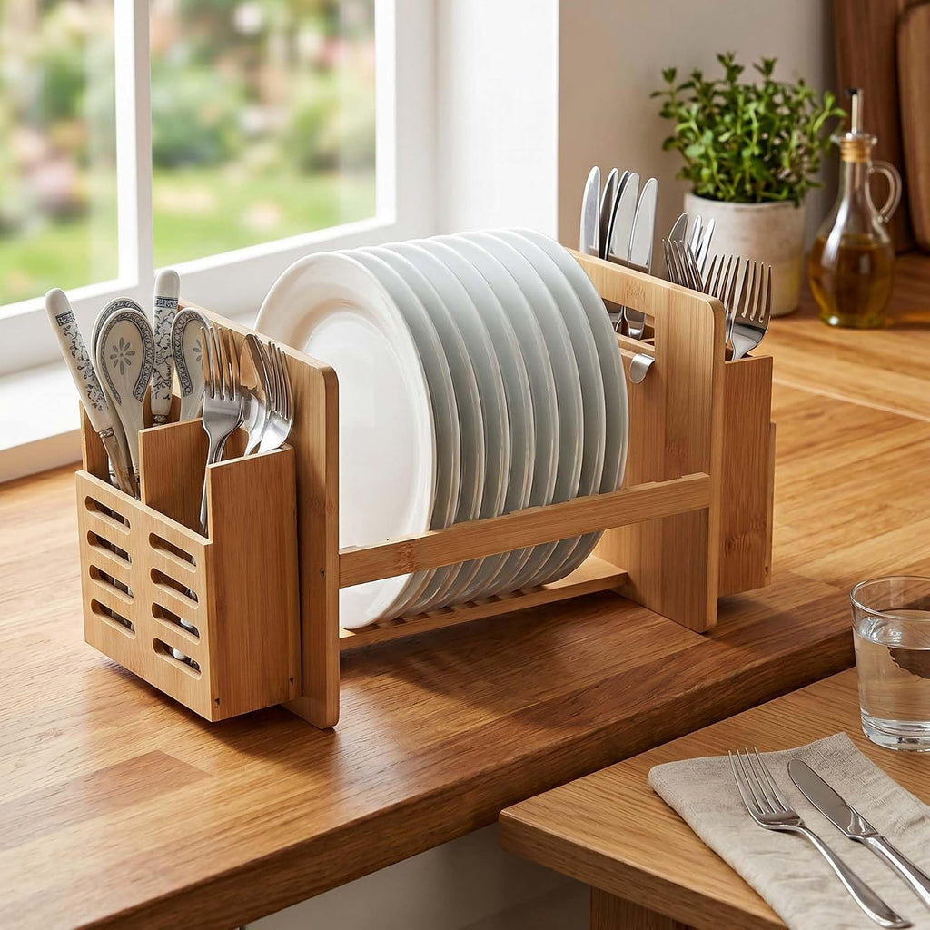 Bamboo Dish Drying Rack with Utensil Holder