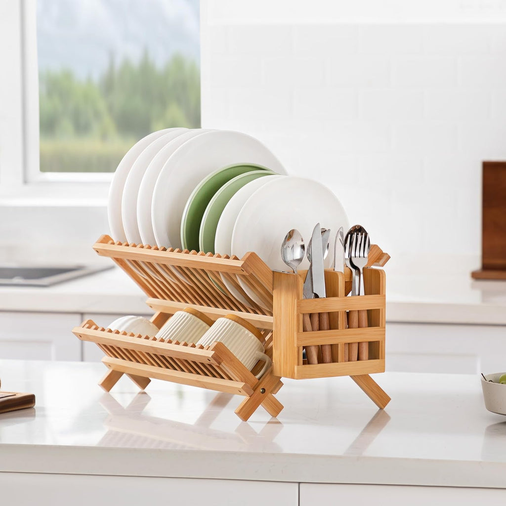 Bamboo 2 Tier Dish Drying Rack with Utensil Holder
