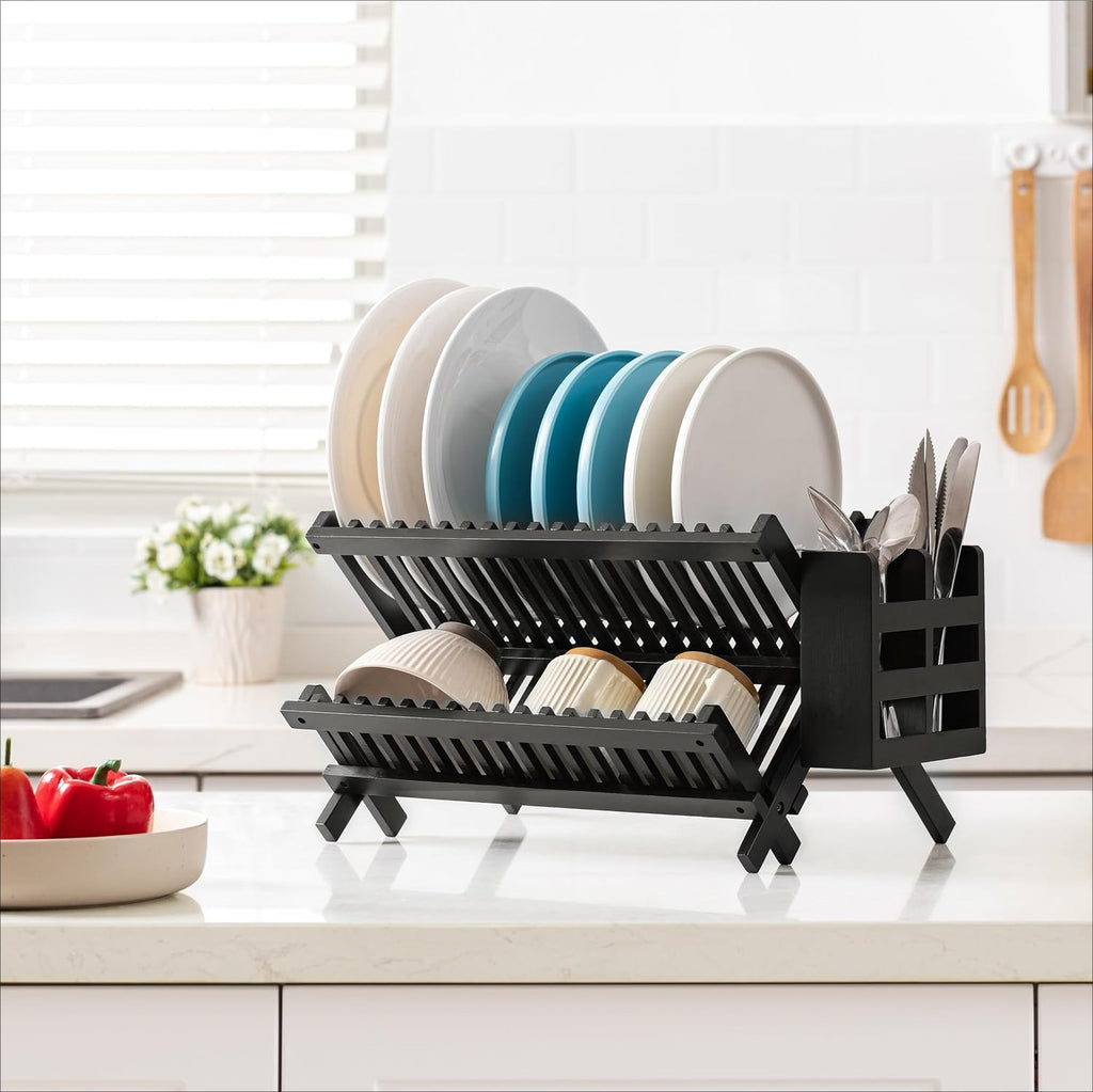 Bamboo Folding 2-Tier Dish Rack