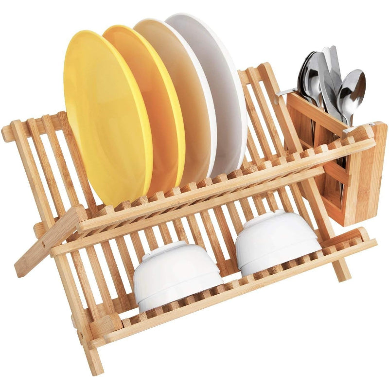 Bamboo Foldable Dish Rack with Utensil Holder